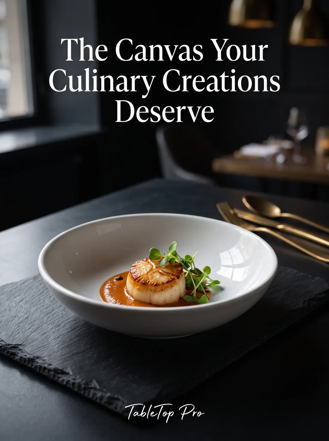 Generated campaign key visual for TableTop Pro: culinary plating on a dark slate board headed 'The Canvas Your Culinary Creations Deserve'.