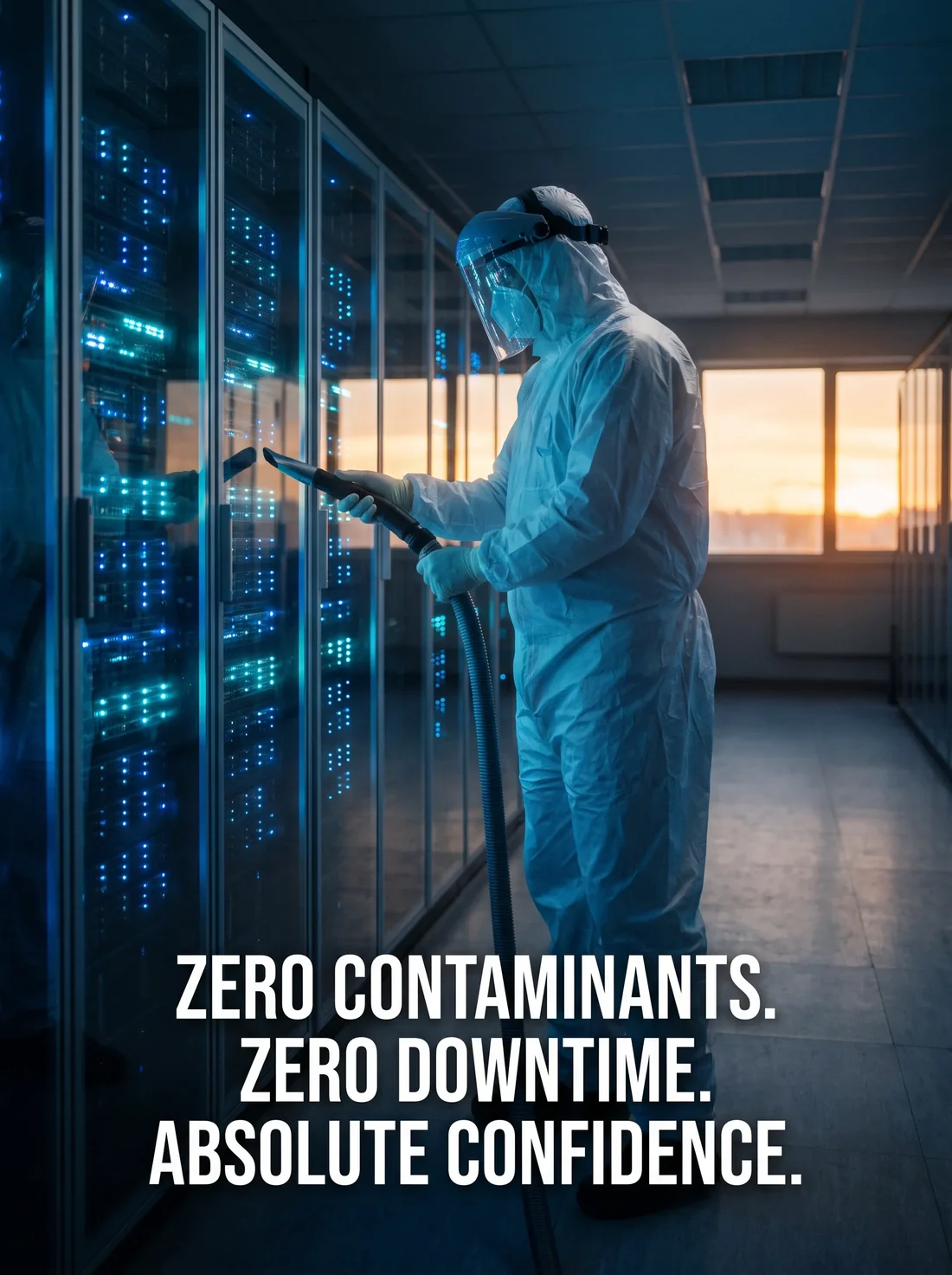Generated campaign key visual for CleanTech: technician in protective cleanroom suit inspecting server infrastructure: 'Zero Contaminants. Zero Downtime. Absolute Confidence.'