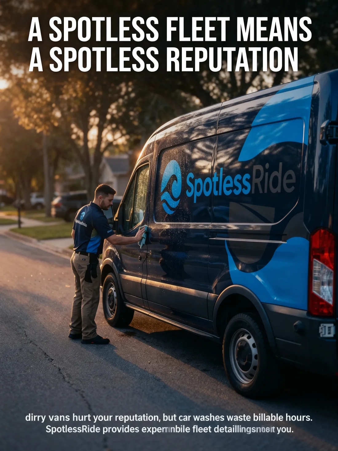 Generated campaign key visual for SpotlessRide: technician detailing commercial fleet van at sunset: 'A Spotless Fleet Means A Spotless Reputation'.