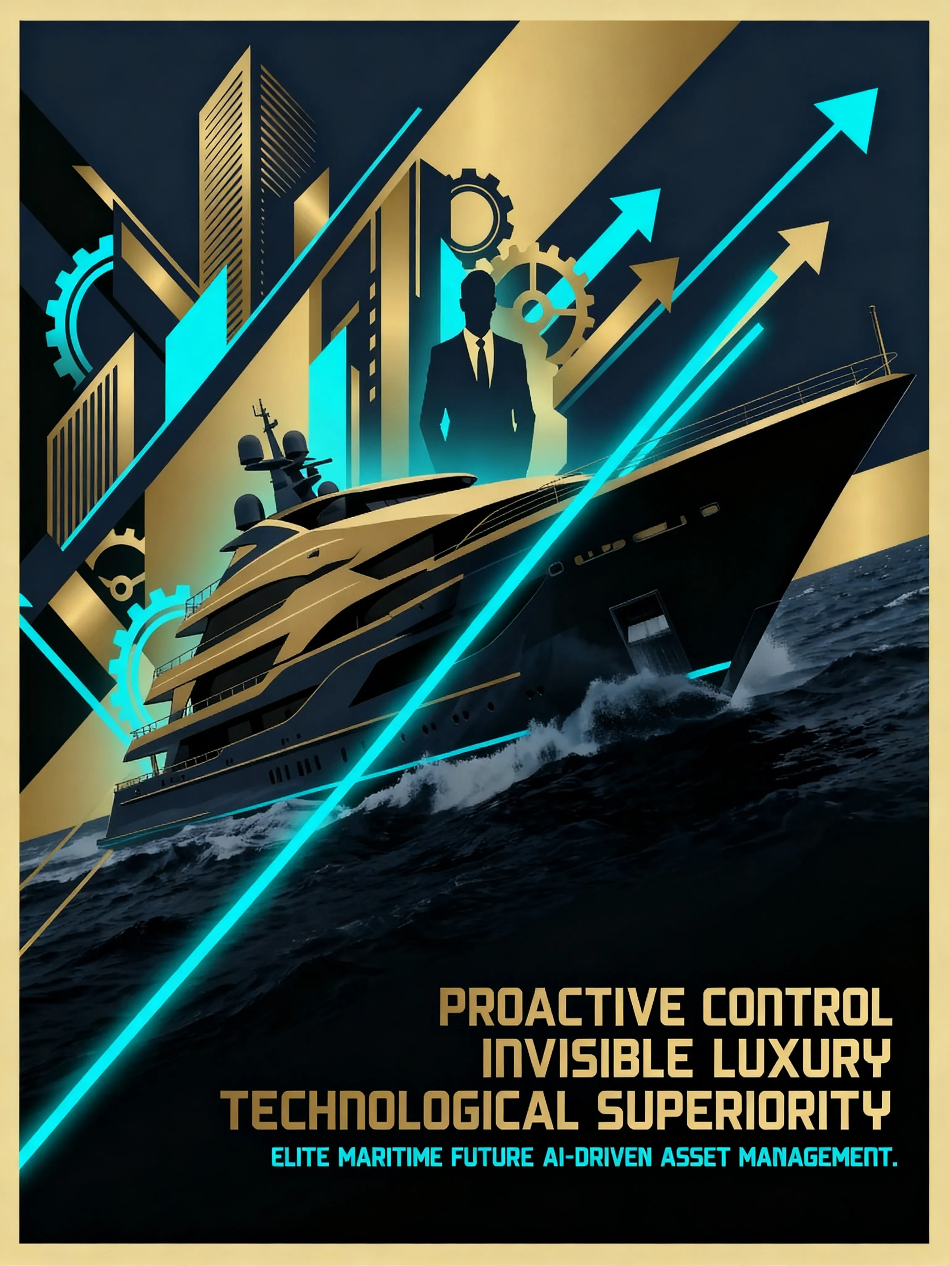 Generated campaign key visual for SeaLine Elite: cutting-edge black-and-gold superyacht navigating open waters: 'Proactive Control. Invisible Luxury. Technical Superiority.'