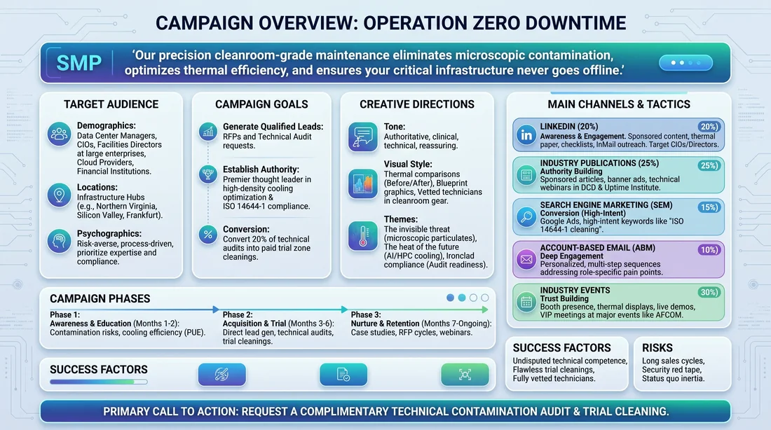 Generated campaign overview document for CleanTech: zero-contaminant mission-critical cleanroom reliability strategy and channels.