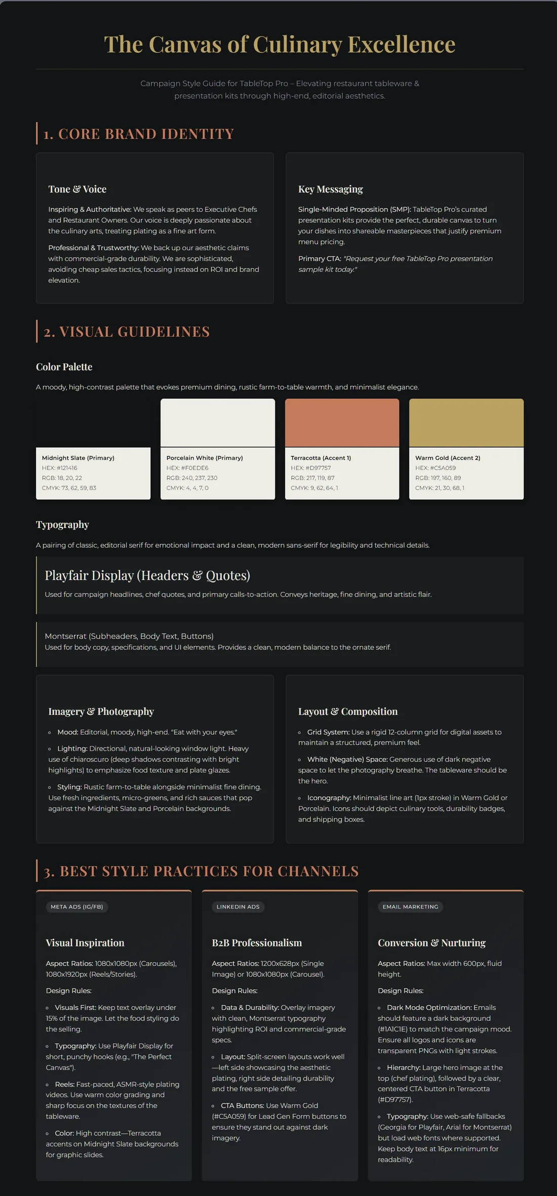 Generated campaign style guide for 'The Canvas of Culinary Excellence' (TableTop Pro), showing core brand identity, tone of voice, color palette, and typography.