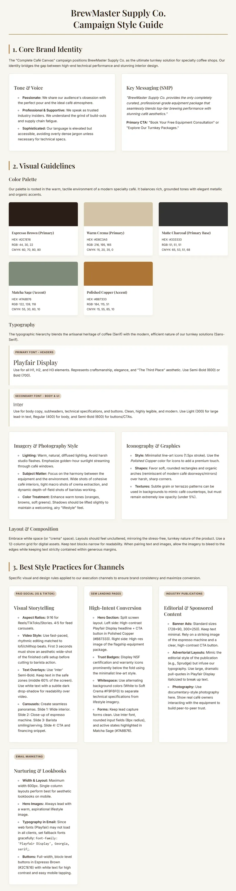 Generated campaign style guide for BrewMaster Supply Co: artisanal cafe identity, warm natural palette, and channel guidelines.