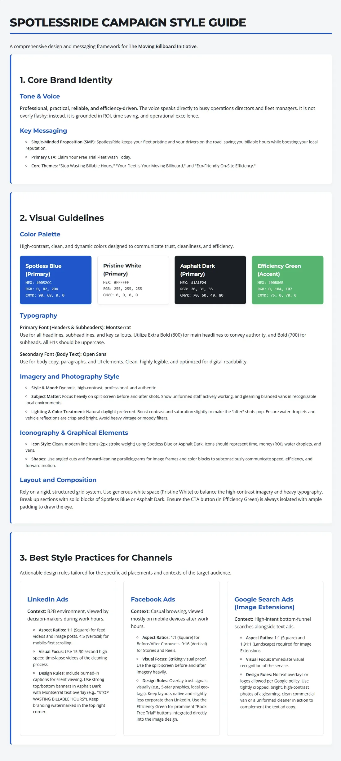 Generated campaign style guide for SpotlessRide: fleet logistics branding, vehicle livery graphics, and tone of voice.