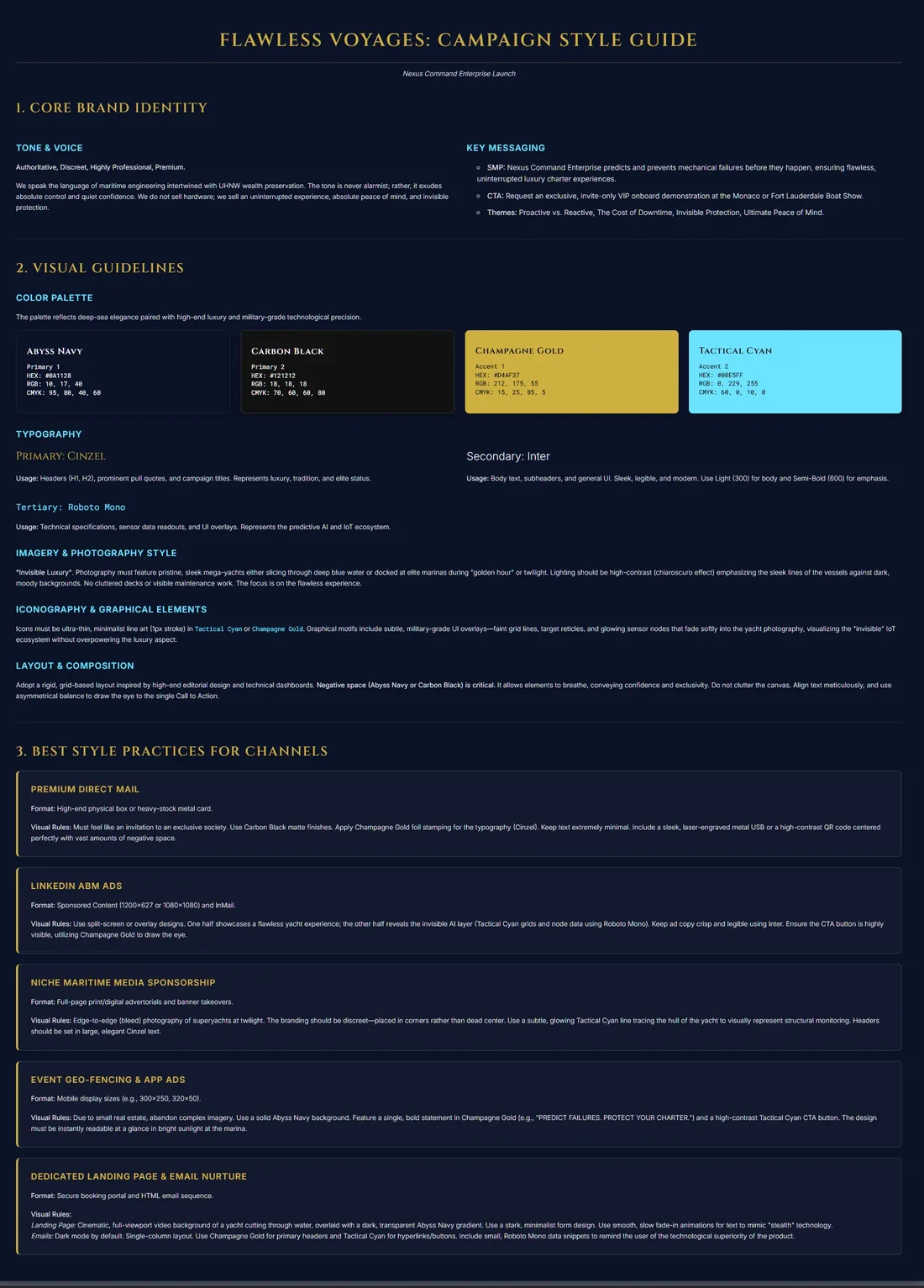Generated campaign style guide for SeaLine Elite: executive maritime gold and ocean blue aesthetic rules and design tokens.