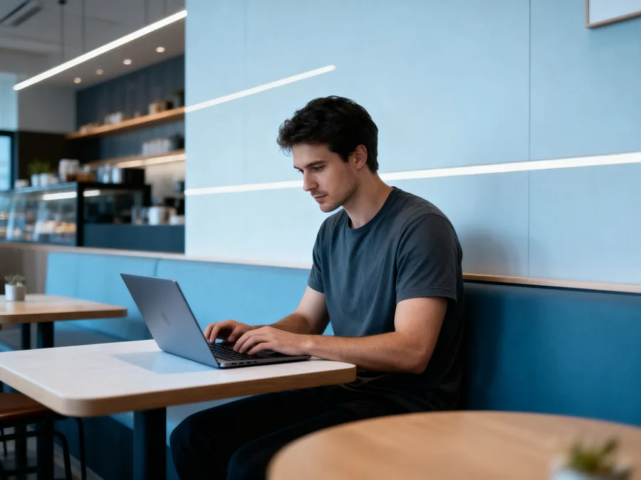 A marketer working on a laptop at a wooden table in a clean, modern workspace with blue-toned geometric wall art.