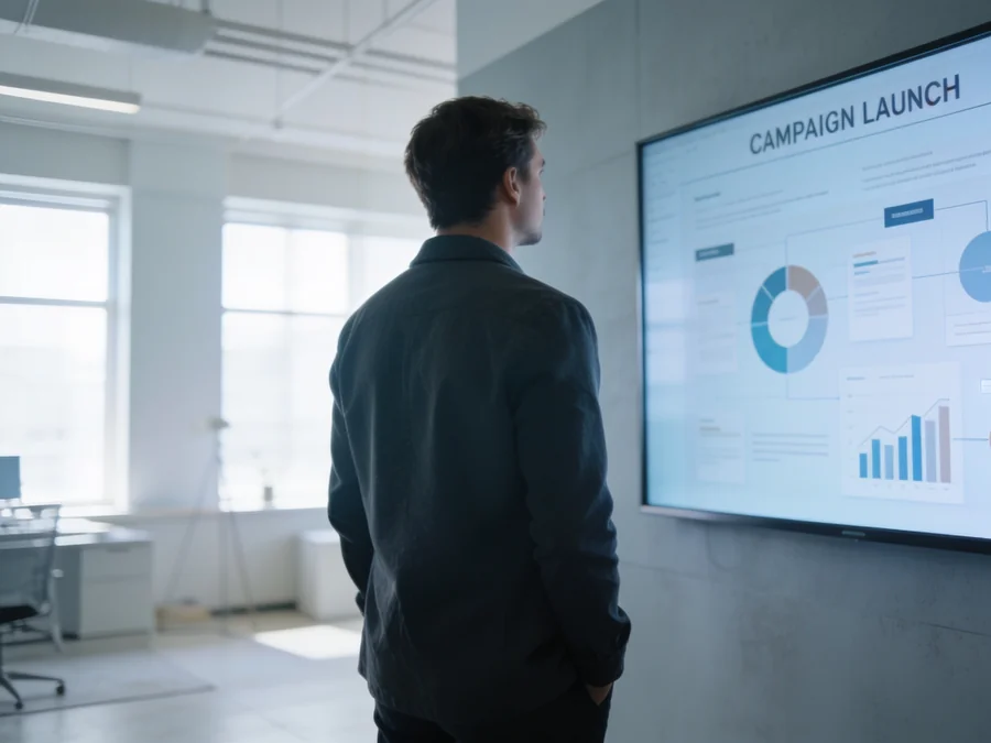A professional reviewing a wall-sized digital display titled Campaign Launch showing audience breakdown and marketing roll-out charts.