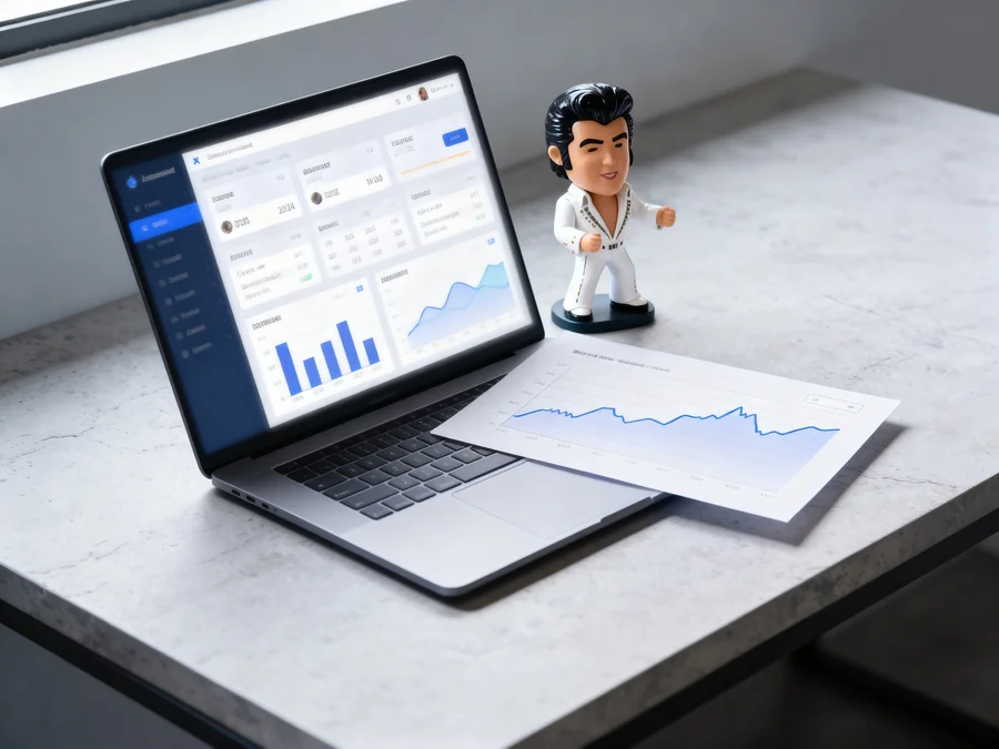 An open laptop displaying an analytics campaign dashboard beside a printed marketing growth report on a stone desk.